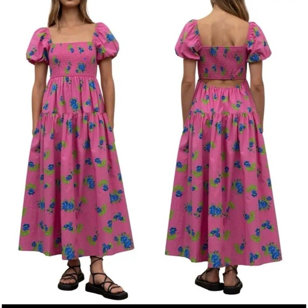 Floral Milkmaid  Smocked  Dress Size M Puff Sleeve Cottagecore Anthropology Boho